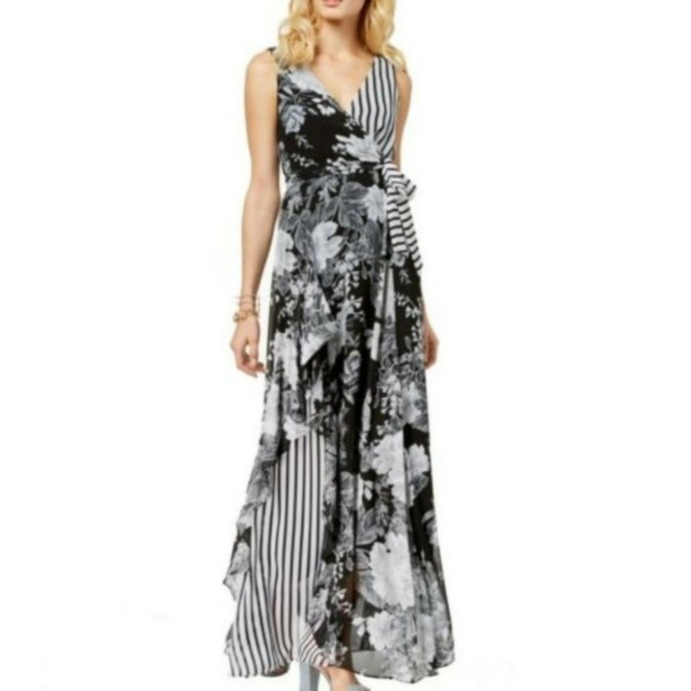 INC Striped Floral Maxi Dress Contrasting Floral and Stripes NWT Size 14